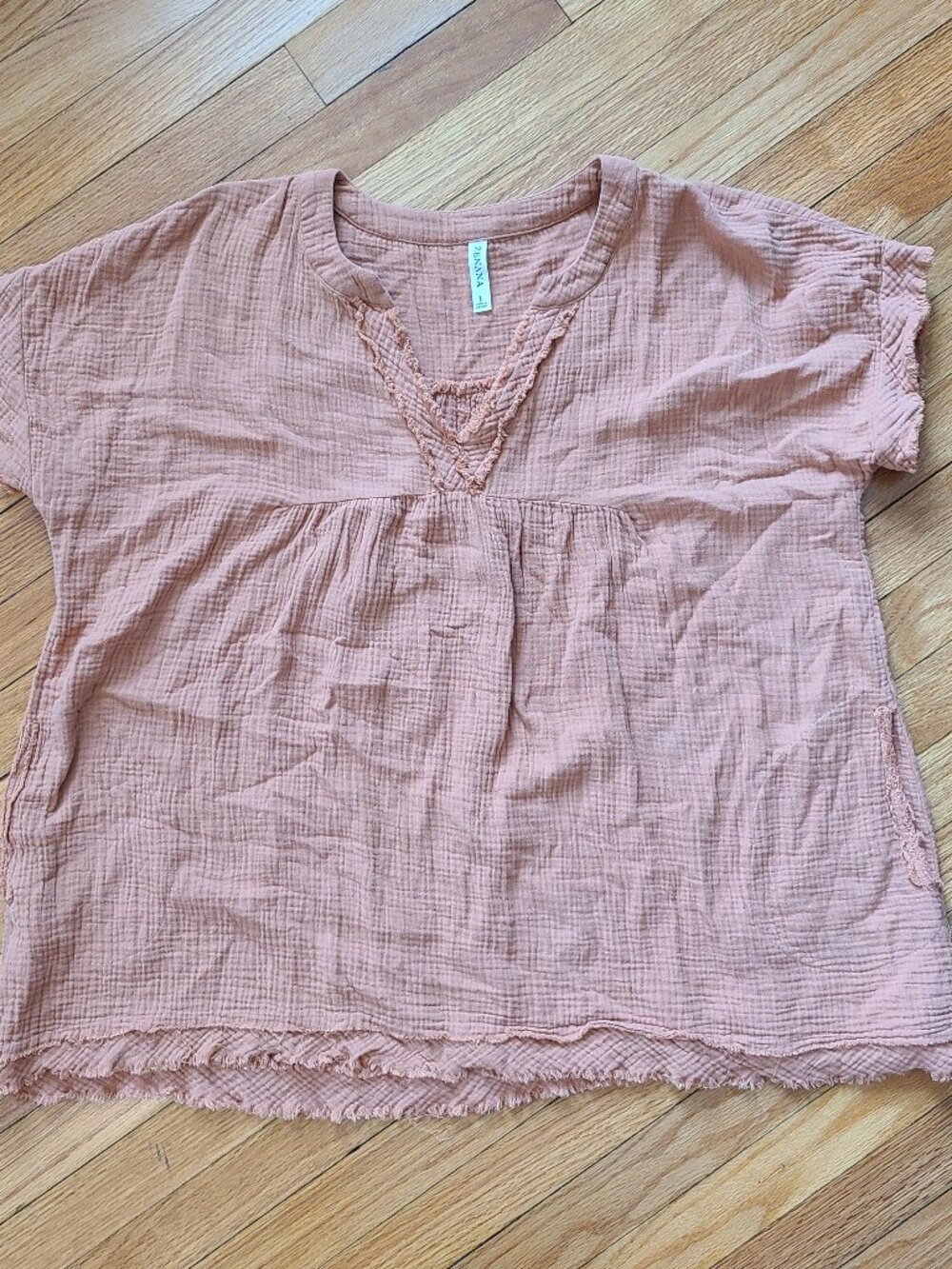 Zenana Cotton Gauze Frayed V-Neck Tunic Top with Pockets Terracotta L